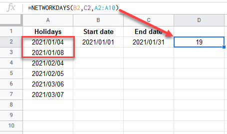 google sheets NETWORKDAYS function 2