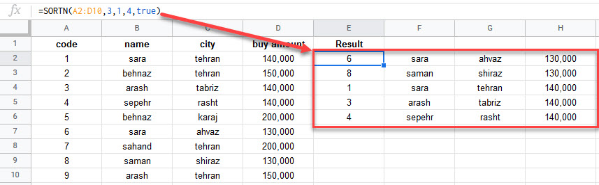 google sheets SORTN function