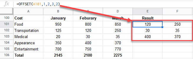 google sheets offset function 3