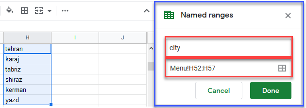 google sheets menu data  named ranges
