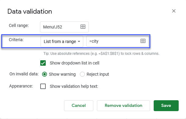 google sheets menu data  named ranges