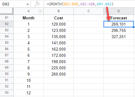 google sheets GROWTH formula 2