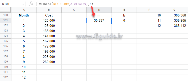 google sheets LINEST function 4