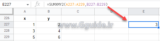 google sheets SUMXMY2 function 1