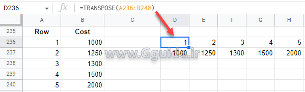 google sheets TRANSPOSE function 2