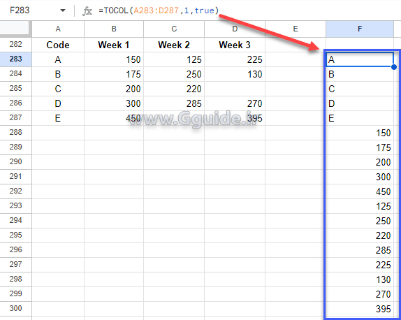 google sheets TOCOL function 3