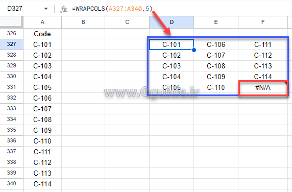 google sheets WRAPCOLS function 2