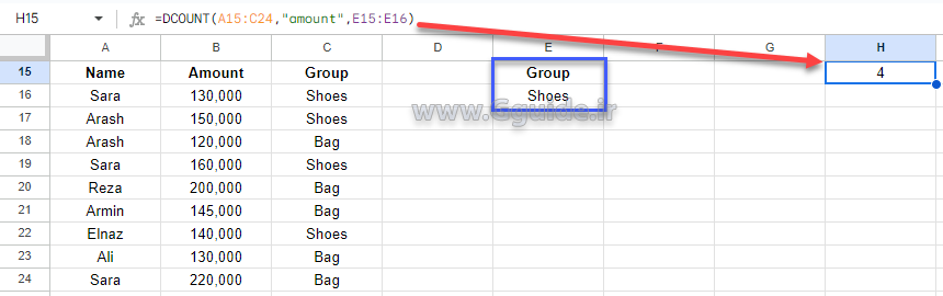 google sheets DCOUNT function 2