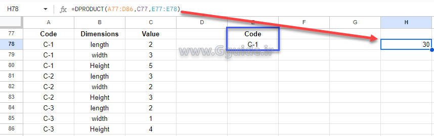 google sheets DPRODUCT function 2