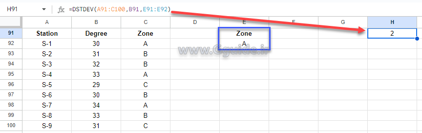google sheets DSTDEV function 2