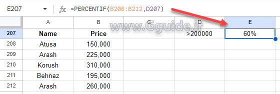 google sheets PERCENTIF function 2