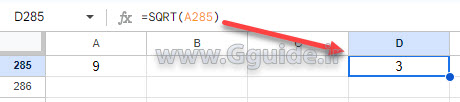 google sheets SQRT function