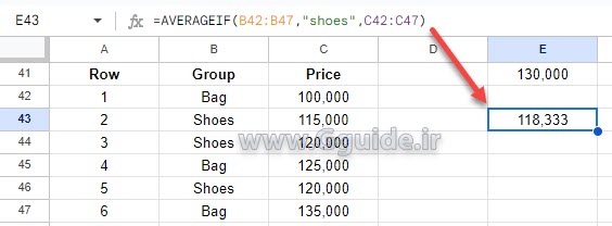 google sheets AVERAGEIF function 2
