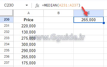 google sheets MEDIAN function