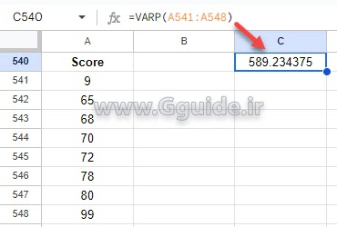 google sheets VARP function