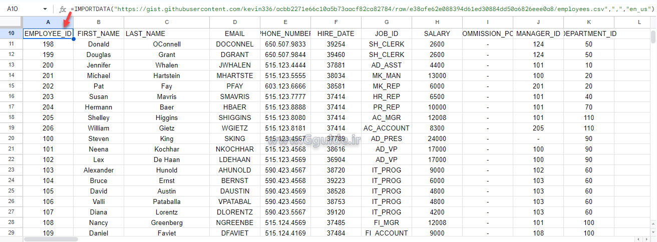 google sheets IMPORTDATA function