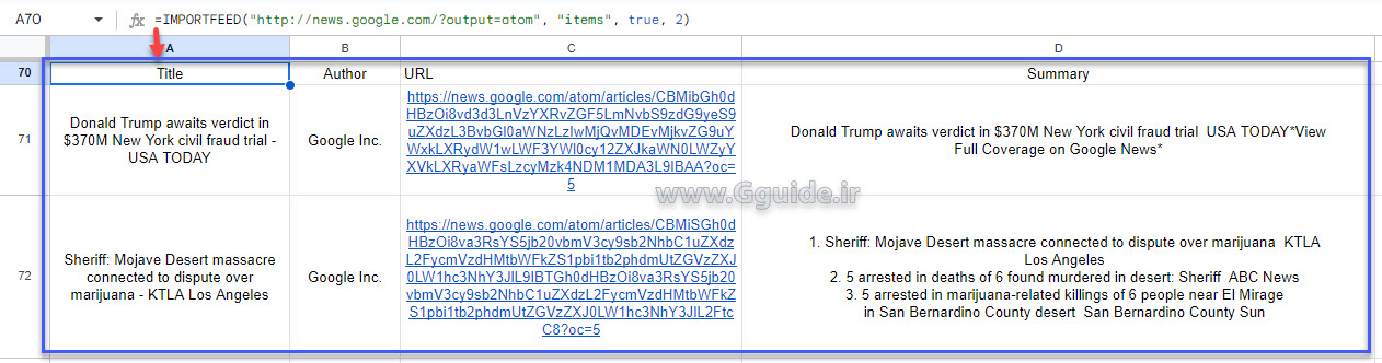 google sheets IMPORTFEED function