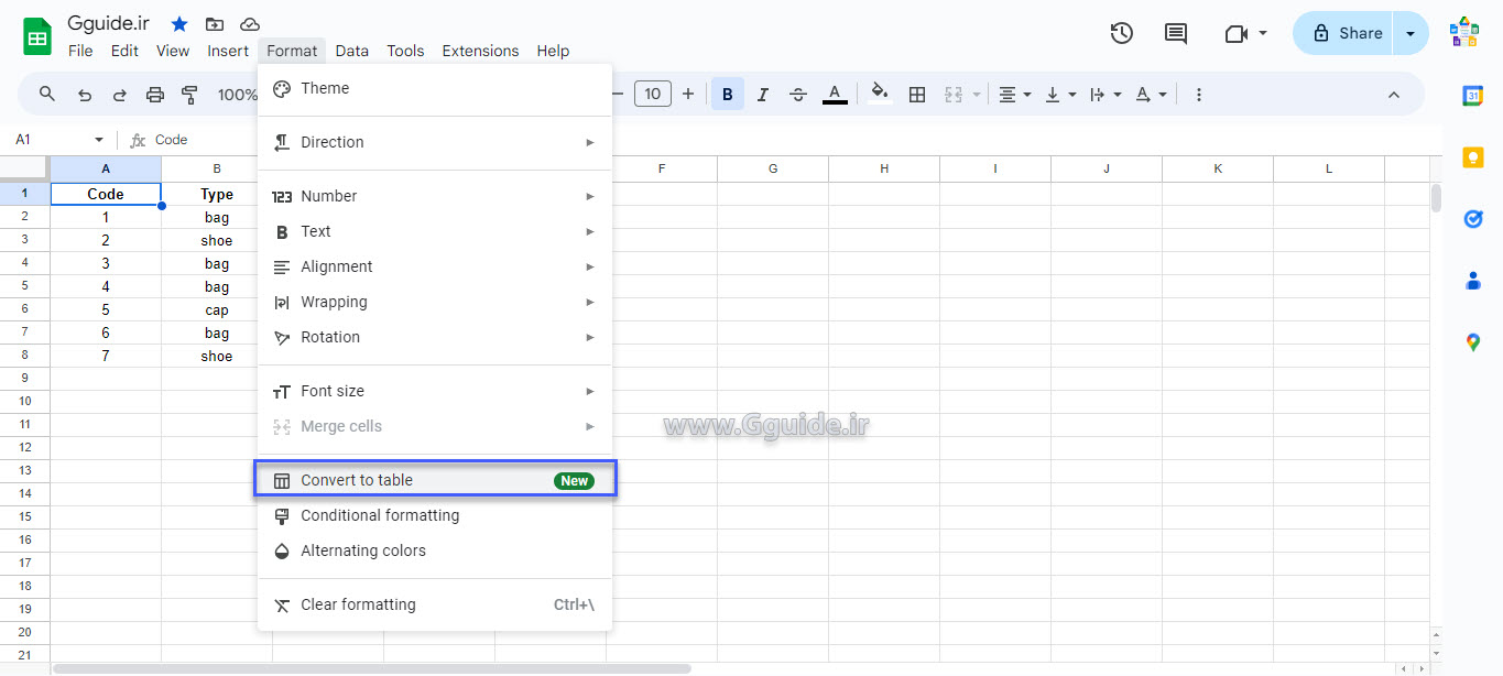 google sheets Table 6