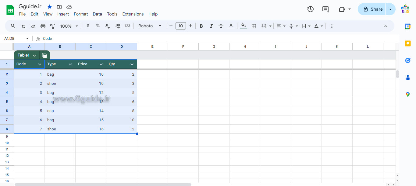 google sheets Table 7
