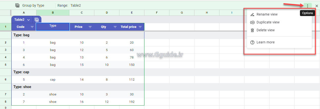 google sheets Table group by column 5