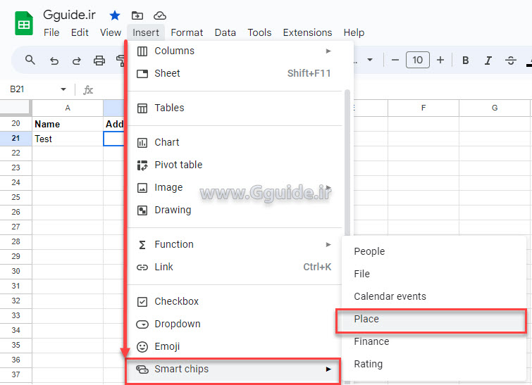 google sheets insert place 1