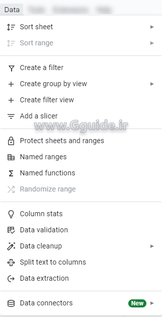 منوی Data در گوگل شیت