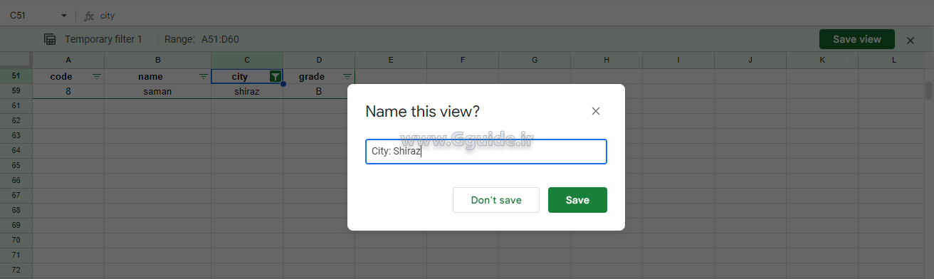 گزینه filter view از منوی data در گوگل شیت 4