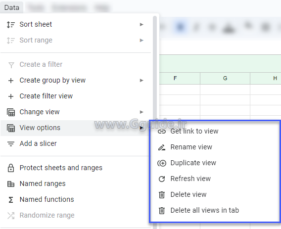 گزینه filter view از منوی data در گوگل شیت 7