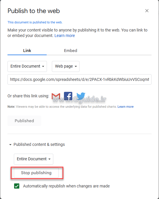 گزینه Publish to web در گوگل شیت 3