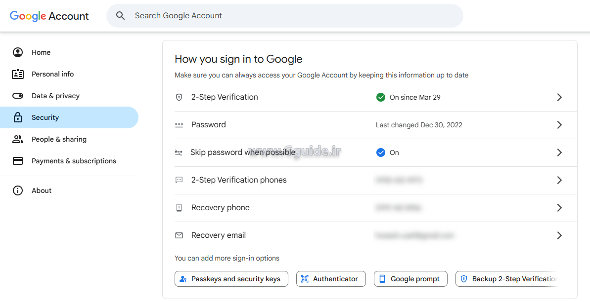 تعریف شماره موبایل و ایمیل بازیابی برای جیمیل
